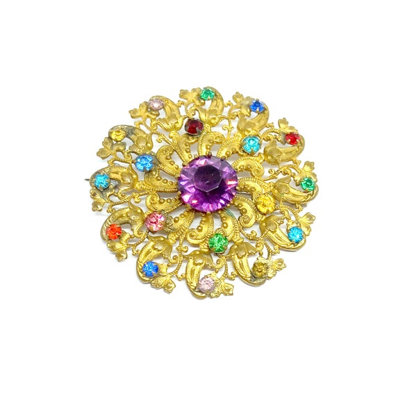 Vintage Bohemia Brooch Czech Brooch Rainbow Jewel… - image 1