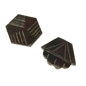 Art Deco Buckles Black Celluloid Bakelite Mismatched Pair Carved Plastic Geometric 1930s Vintage