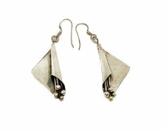 Sterling Silver Earrings Silver Lily Jewellery Folded Flower 925 Vintage Triangular Shape On Hooks