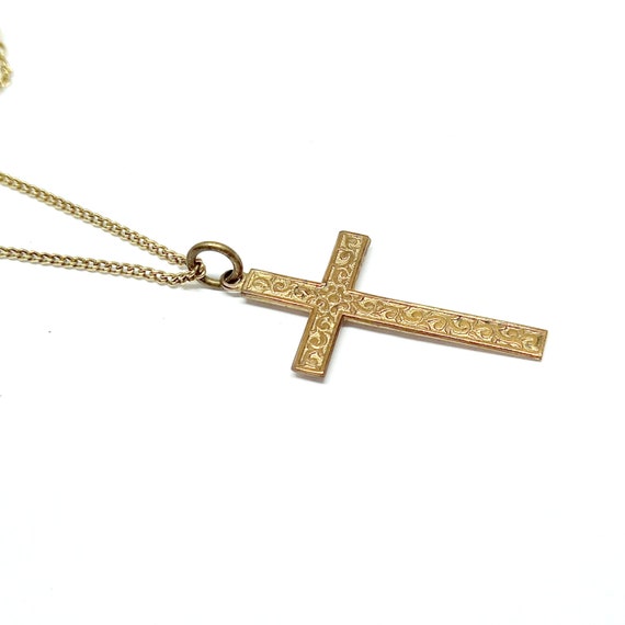 Antique Gold Cross Pendant Floral Engraved Crucif… - image 2