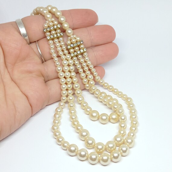 Collier Perles Nacrées Et Noires Sur 3 Rangs - Vintage, Longueur 46-60 Cm