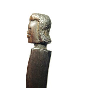 Wooden Letter Opener African Carving Wooden Knife Vintage Hand Carved Tribal Figure Head Dark Wood