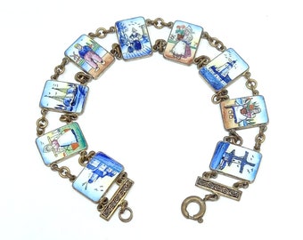 Pulsera de esmalte holandés vintage Pulsera de panel de Delft Pintado a mano Molino de viento Velero Niños