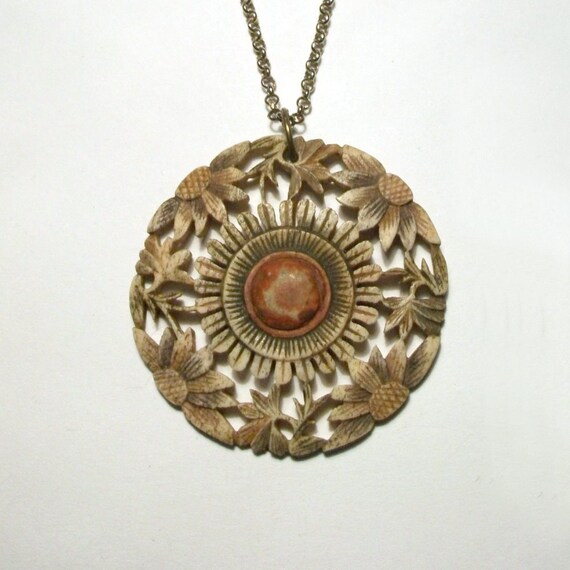 1930s Flower Pendant Carved Bone Vintage Folk Art