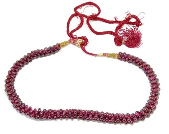 Vintage Garnet Bead Necklace Twisted Rope Strand Gemstone Necklace Silk Tassel Red Stone Beaded