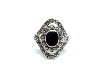 Art Deco Ring Sterling Silver Ring Marcasite Ring Black Onyx Stone Vintage 1930s 40s