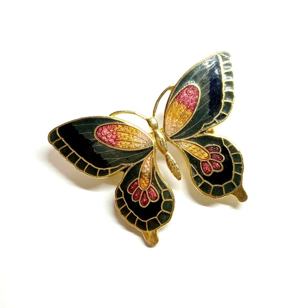 Broche papillon cloisonnée Épingle émaillée vintage Insecte Bijoux Noir Vert Jaune Rose Moth