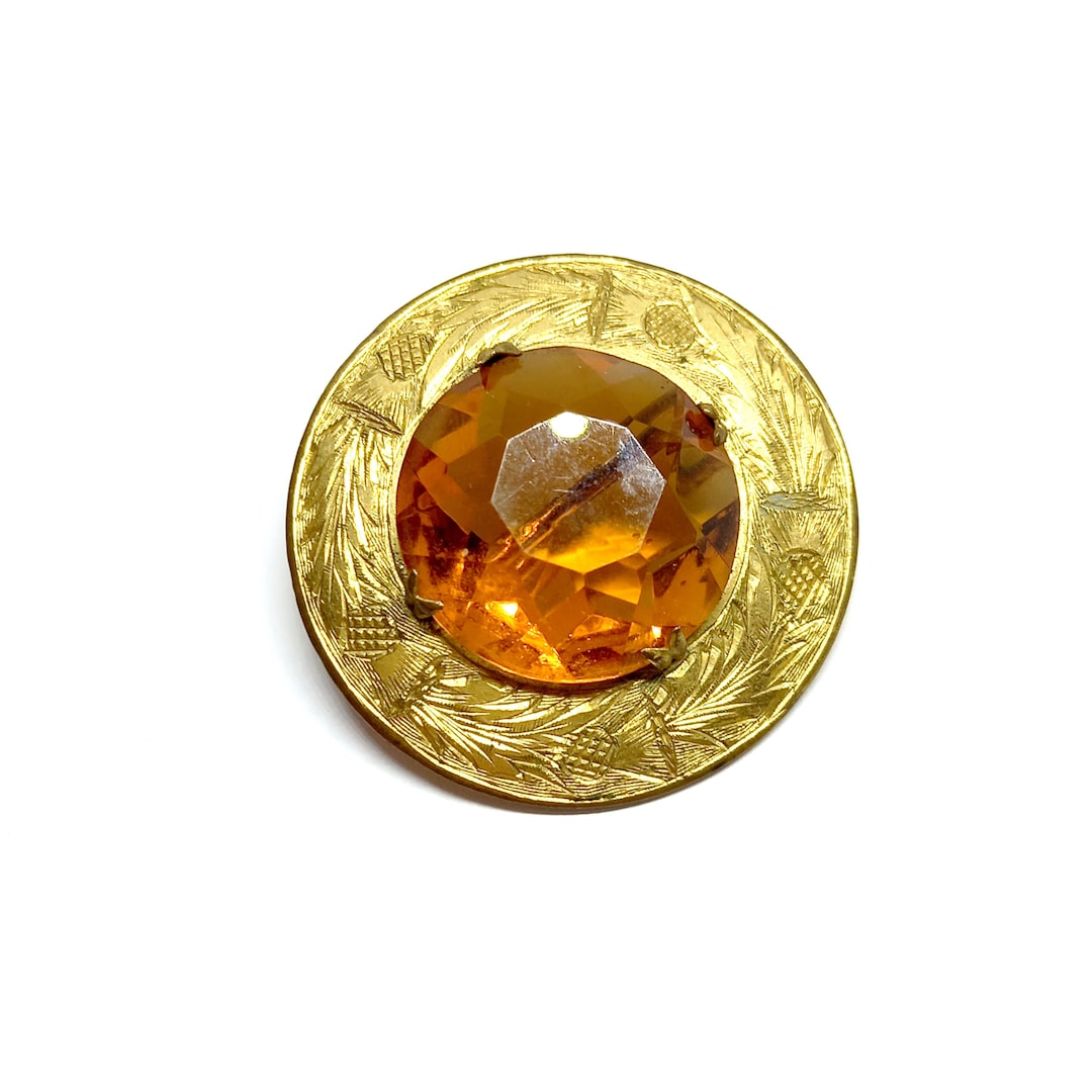 Scottish Thistle Brooch Amber Glass Stone Vintage 1930s 40s Gold Tone