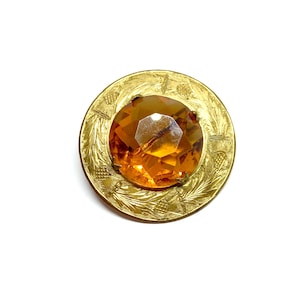 Broche chardon écossais, pierre de verre ambrée, vintage des années 1930, 1940, cercle rond kilt celtique