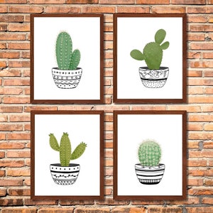 Cactus wall art botanical illustration, succulent wall decor, country home decor, set of 4 prints, kitchen printable, plant artwork digital