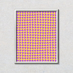 May include: A framed print with a yellow background and a pattern of purple hearts.