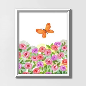Flower painting, girls room wall decor, nursery art print, watercolor art printable, downloadable poster, floral abstract, butterfly print