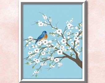 Wall decor painting, bird poster, bird nursery wall art print, bathroom printable, spring tree, digital art, Blue Bird, instant downloadable