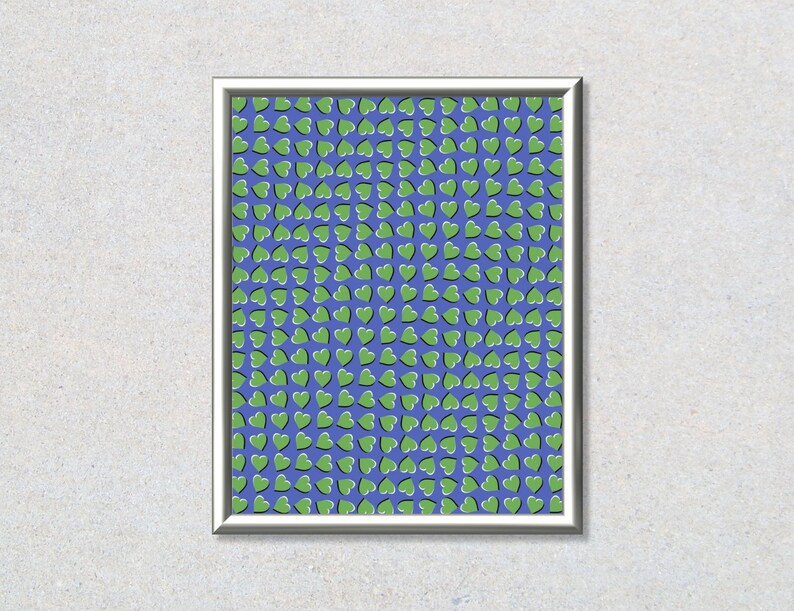 May include: A framed print with a blue background and a pattern of green hearts. The hearts are arranged in a grid pattern and are slightly offset from each other.