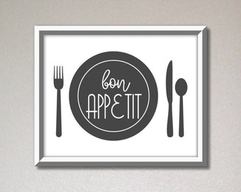 Bon appetit sign, dining room wall decor, kitchen wall art, kitchen signs, home decoration printable, restaurant wall art, digital download