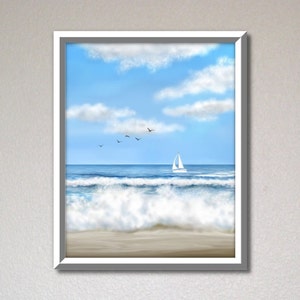 Beach wall decor, beach art printable, printable painting, beach painting, ocean painting, sailboat print, wall art prints, bathroom poster