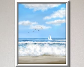 Beach wall decor, beach art printable, printable painting, beach painting, ocean painting, sailboat print, wall art prints, bathroom poster
