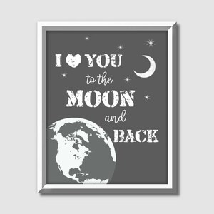I love you to the moon and back, love wall sign, anniversary wall decor, nursery quote printable, typographic print, earth moon illustration