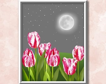 bedroom wall art, floral painting, flower printable art, moon print, tulips, downloadable print, home printable, colorful artwork