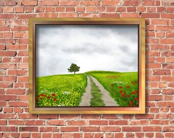 Landscape painting scenery, nature painting, home wall decor prints, downloadable art, wildflowers art, country decor, tree print, digital