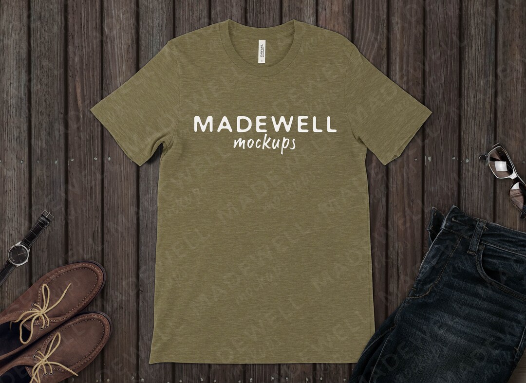 Bella Canvas 3001 Heather Olive Men's Flat Lay Mock Up, Mens Tshirt ...