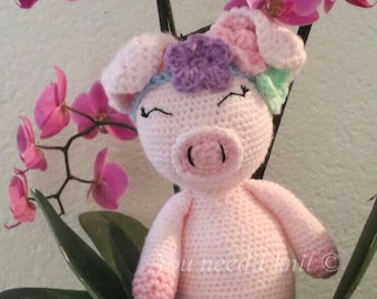 Cerdito amigurumi / cerdito de peluche / cerdo de peluche / corona de flores de cerdo / animal de peluche de cerdito hecho a mano
