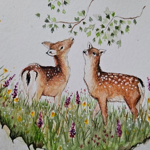 Cervi, daini, dipinti, opere d'arte originali, opere d'arte, boschi, prati, primavera, arte murale, fauna selvatica, arte animale
