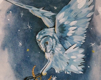 Eco Glitter Moon Owl Watercolor Print, Witchy Art (A5)