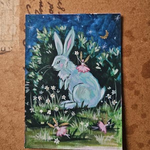 Bunny and fairies. Original watercolour painting