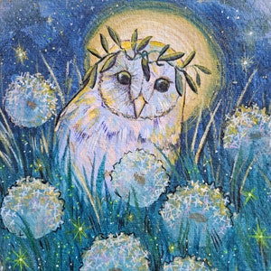 Gufo, dente di leone, pittura, arte originale, arte da parete, uccello, fauna selvatica, luna, sognante, arte per bambini, stravagante, barbagianni, arte