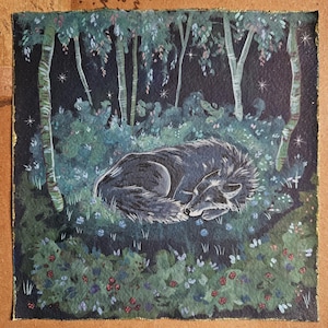 Lupo, animale, dipinto, bosco, foresta, lupi, originale, carta, acquerello, sonno, sogno, stravagante, carino