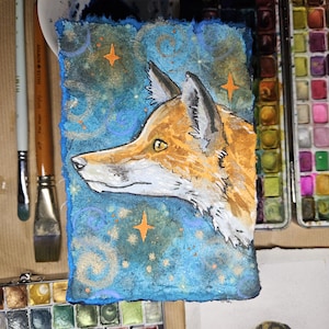 Volpe curiosa, arte animale, dipinto, originale, arte domestica, fauna selvatica, volpe, cielo notturno, opera d'arte