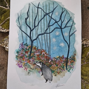 Tasso, pittura, bosco, fauna selvatica, arte murale, illustrazione, fauna selvatica britannica, arte