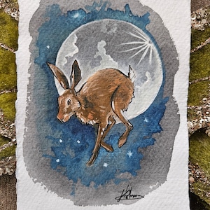 Lepre, Luna, dipinto originale, acquerello, animali del bosco, amanti degli animali, coniglio, fauna selvatica