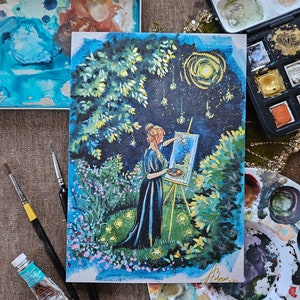 Art print, painter, watercolour, forest, wall art, woodlands, stars, artist, portrait, enchanted, magical,art
