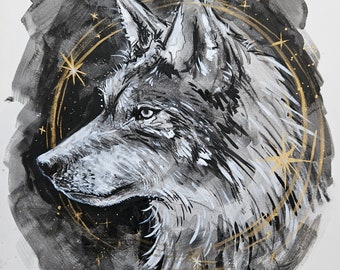 Wolf,stars, halo, animal portrait, wildlife art,original art, ink painting, gold painting, spirit animal, wall art, art, painting