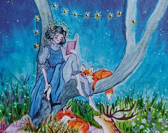 Snow White, fox, deer, badger, Disney art, fairytale illustration, woodland animals, cottage core, wild flowers, nature lovers, witchy gift