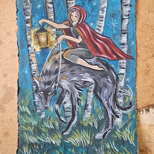 Little red, wolf, Folktale, Illustration, Folklore, mythical,moon, stars, original painting