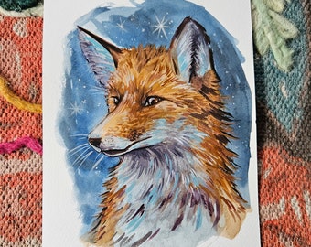 Fox study, watercolour, original art, moon, wildlife, fox, cub, painting, vivid