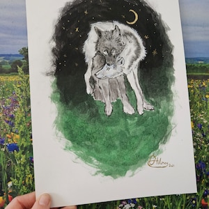 Lupo, arte del lupo, pittura del lupo, inchiostro del lupo, arte animale, arte dell'inchiostro, pittura a inchiostro, stelle, luna, fauna selvatica, arte originale