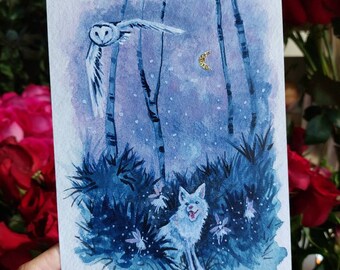 Fox and Owl Watercolor Art Print, Fairy Crescent Moon, A5