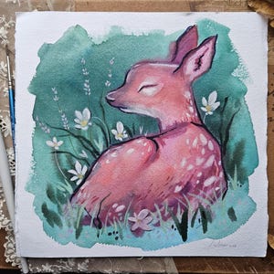 Cervo, cervo, dipinto, arte, bosco, animale, bambino, acquerello, originale, fiori, maggese, opera d'arte