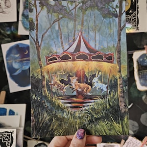 carrousel, impression, art, forêt, forêt, impression d'art