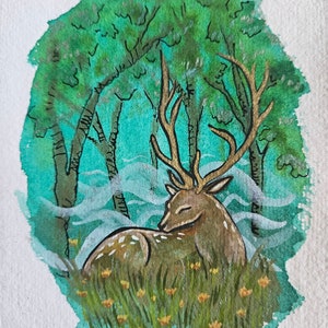 Cervo, pittura, opera d'arte, arte animale, fauna selvatica, acquerello, cervo, foresta, arte originale, fauna selvatica britannica