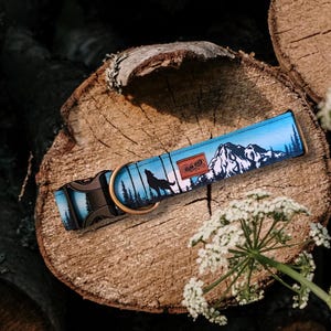 Wolf Dog Collar, Adventure Dog Collar, Mountains Dog Collar, 1.5 Inch Dog Collar, Teal Dog Collar, Moon Dog Collar, dog gifts