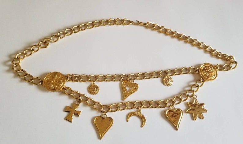 Made in Spain Ornate Metal Gold Tone Belt Luxury Chain Link Belt ESCADA Gilt Metal Medallion Charm Dangling Charms Belt Modernist Belt