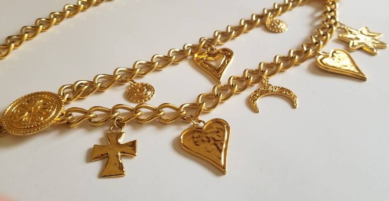 Made in Spain Ornate Metal Gold Tone Belt Luxury Chain Link Belt ESCADA Gilt Metal Medallion Charm Dangling Charms Belt Modernist Belt