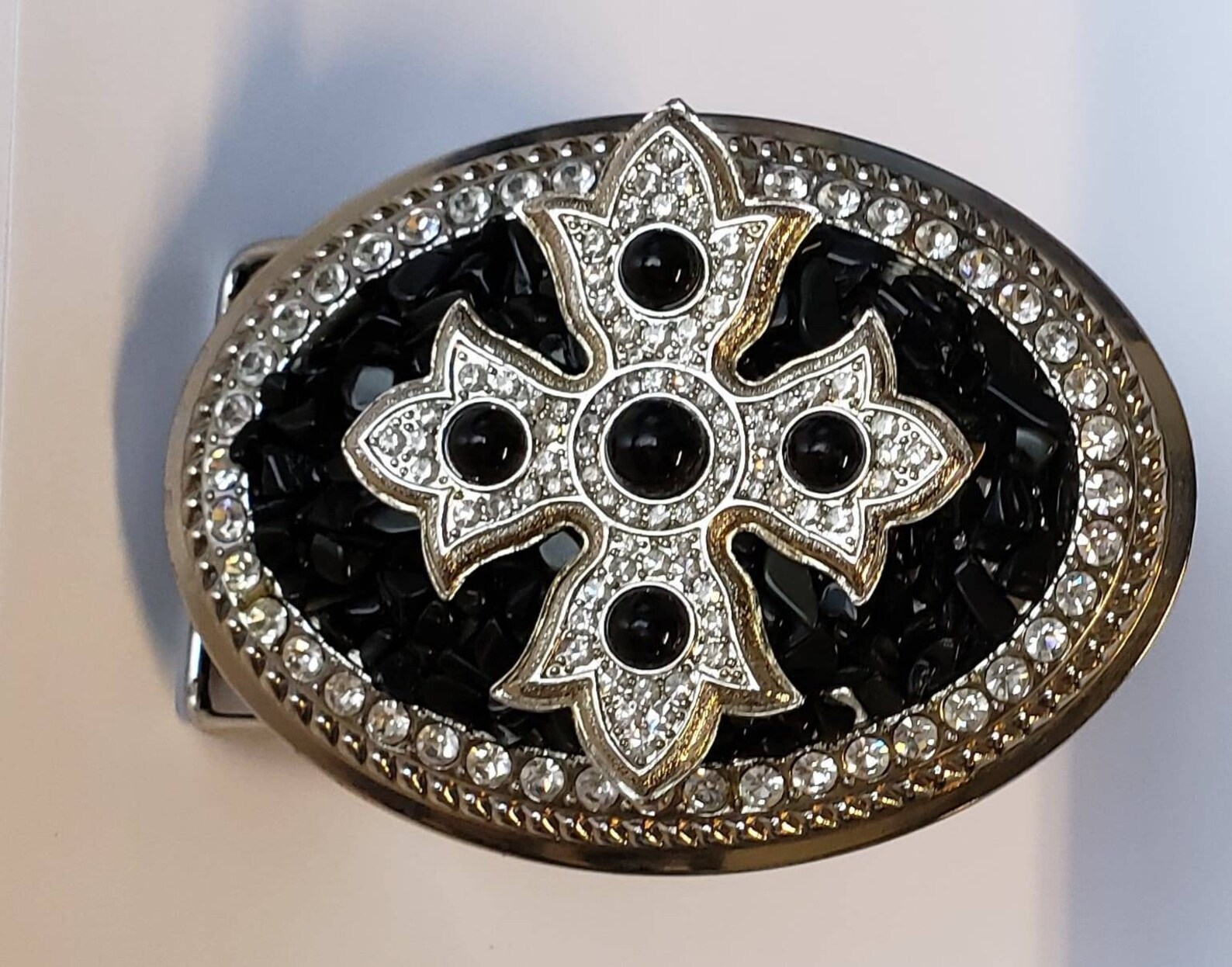 Large Belt Buckle Bling Cross Rhinestones and Black Stones, Silver Tone Hardware, Statement
