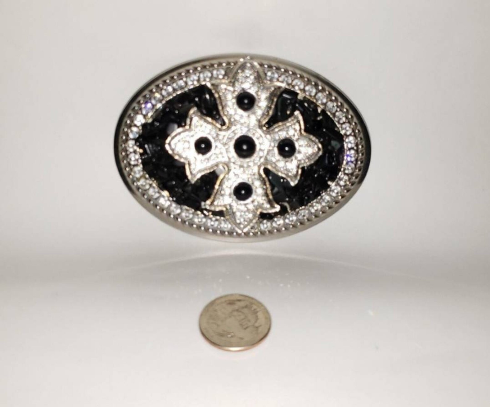 Large Belt Buckle Bling Cross Rhinestones and Black Stones, Silver Tone Hardware, Statement