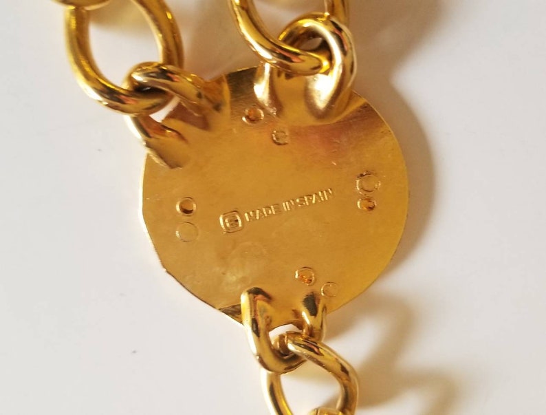 Made in Spain Ornate Metal Gold Tone Belt Luxury Chain Link Belt ESCADA Gilt Metal Medallion Charm Dangling Charms Belt Modernist Belt